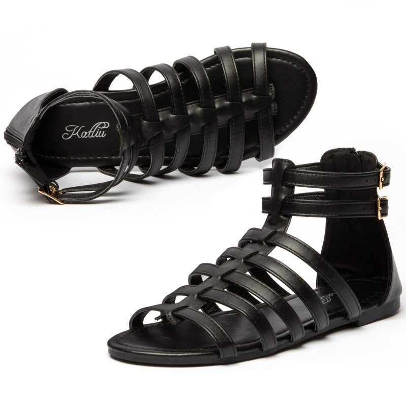 katliu Women's Gladiator Sandal Strappy Flat Sandals Two Ankle Buckle Black 9 - Image 1